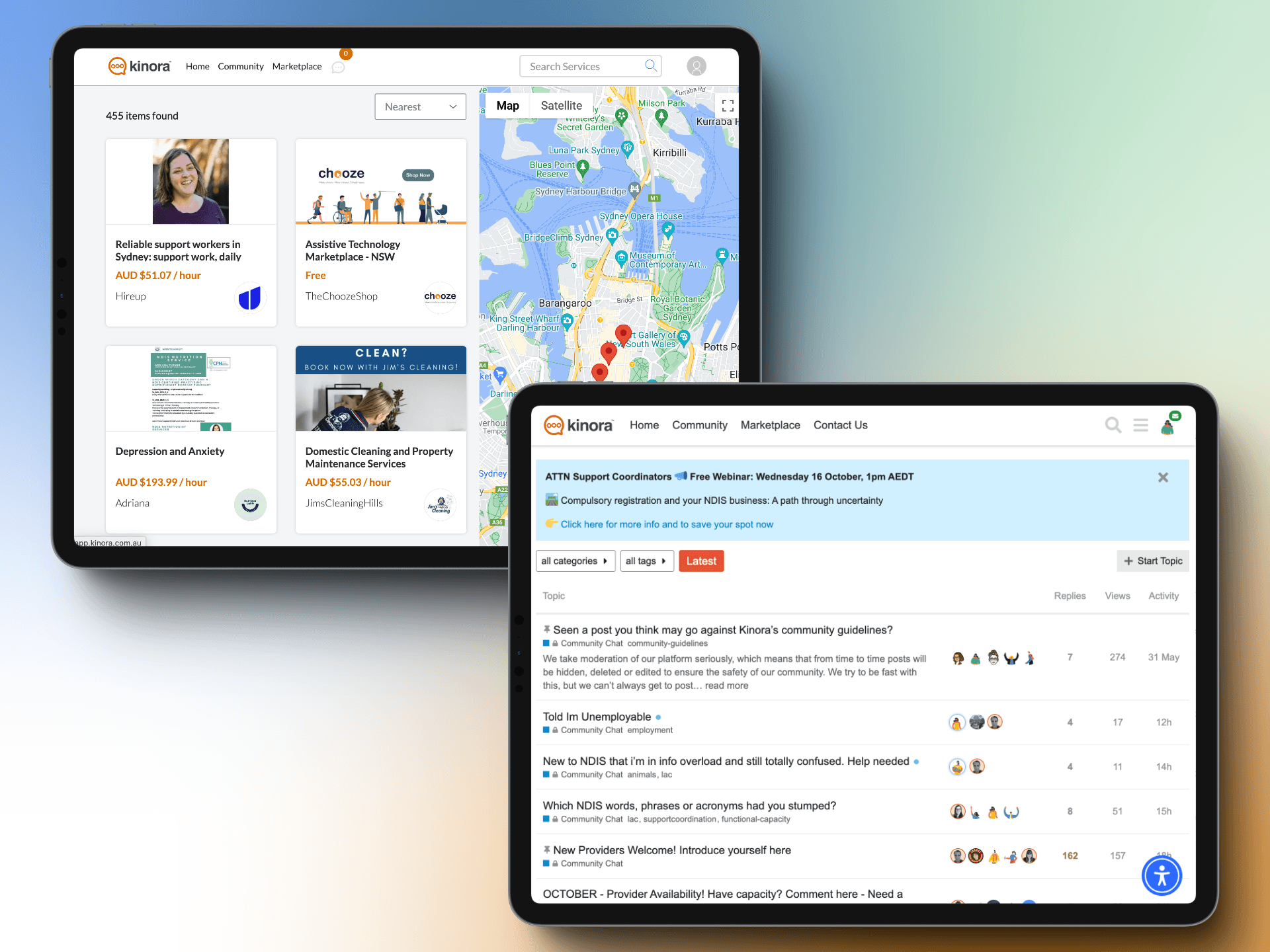 Kinora web interface showing community and resource sections
