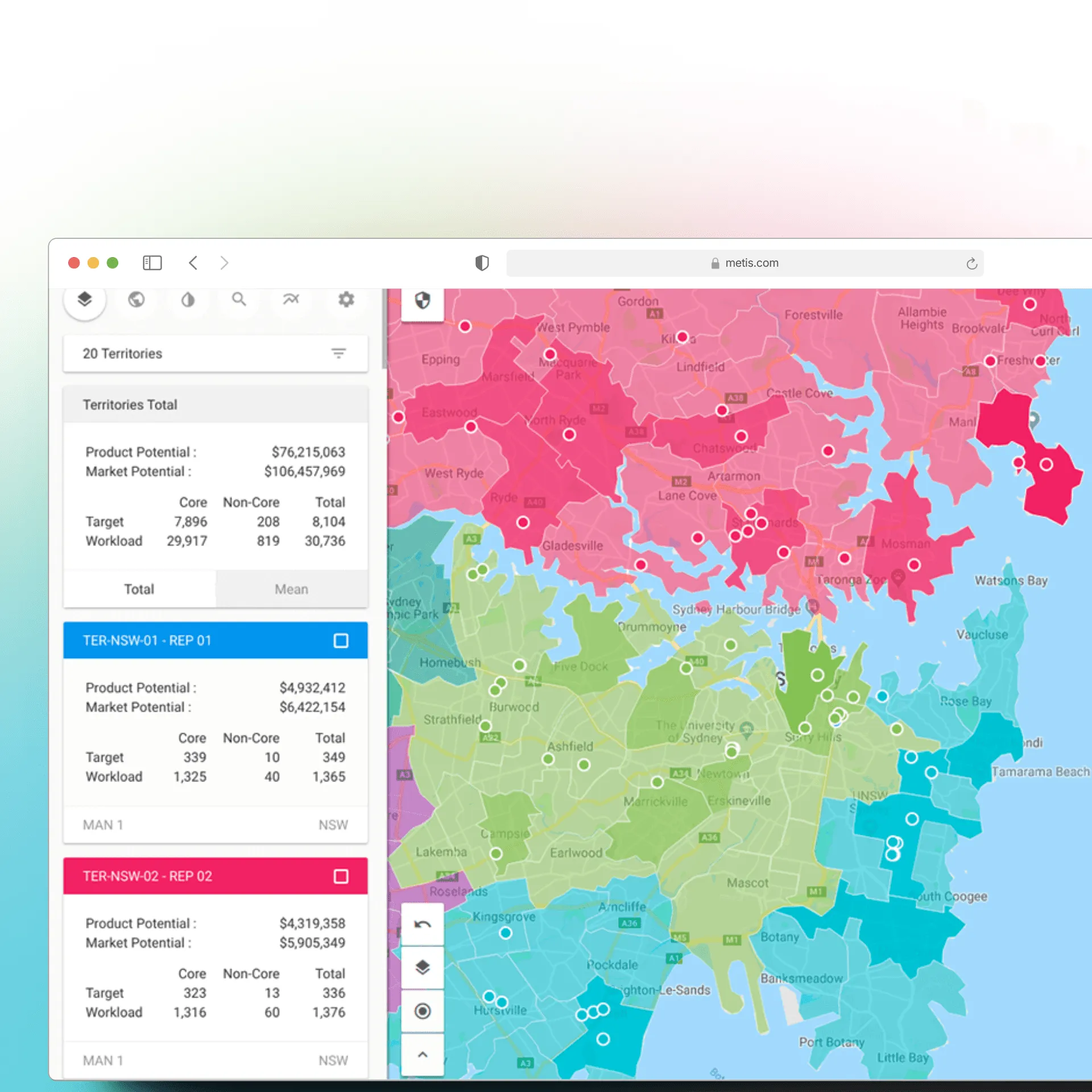 Metis dashboard showing GIS-driven business performance visualisation
