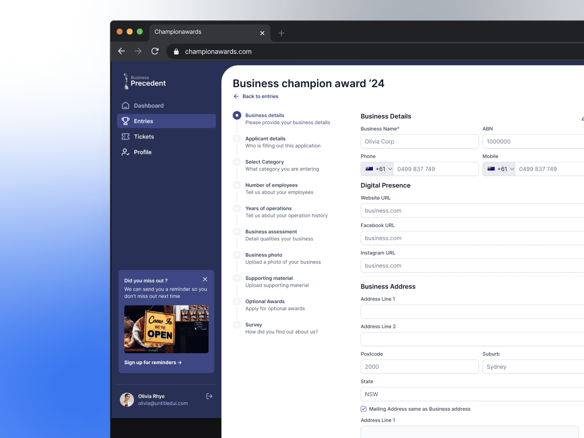 Admin and applicant views of award application workflows