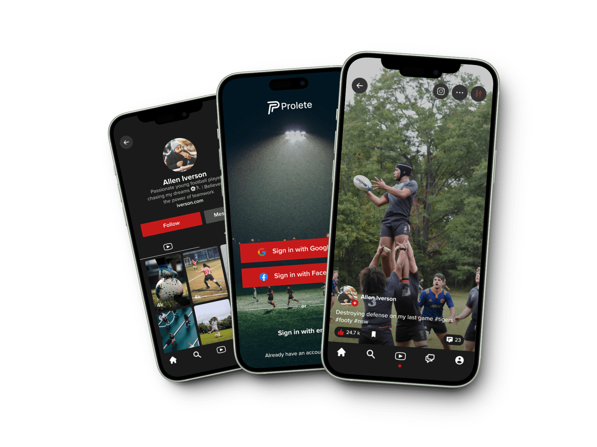Prolete mobile interface displaying athlete highlight videos